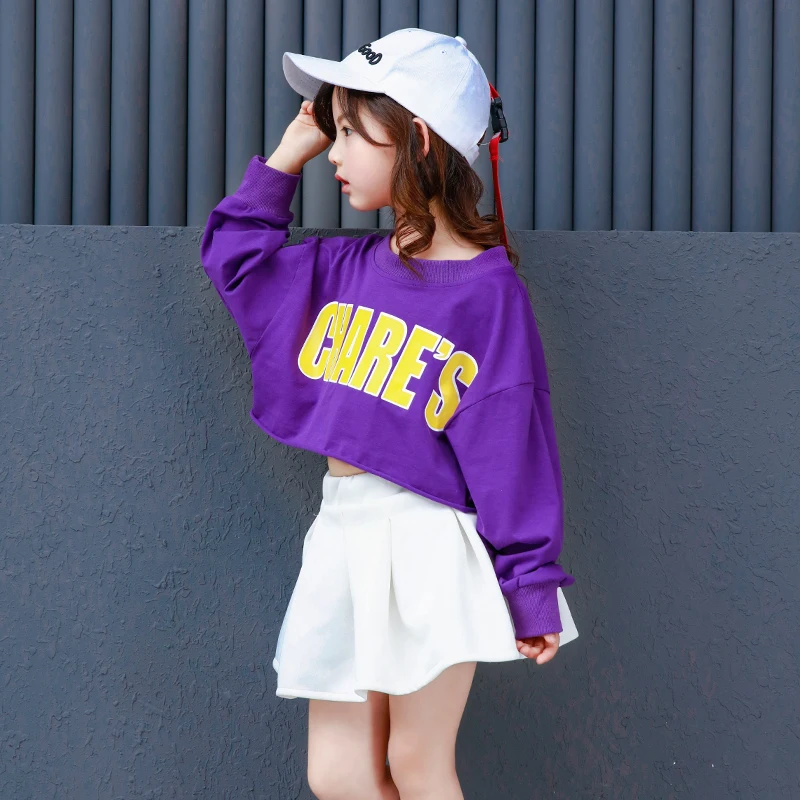 children girl hiphop costume street dance jazz purple bat swing-sleeved T-shirt skirt for Performance stage wear | Тематическая