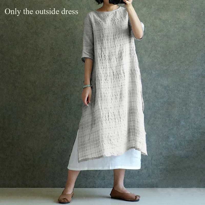 White Dress ZANZEA S 4XL 5XL женская блузка из хлопка и льна Топ летняя с длинным рукавом в клетку Винтажная с разрезом мешковатая Блуза женская рубашка большого размера - Цвет: White Dress