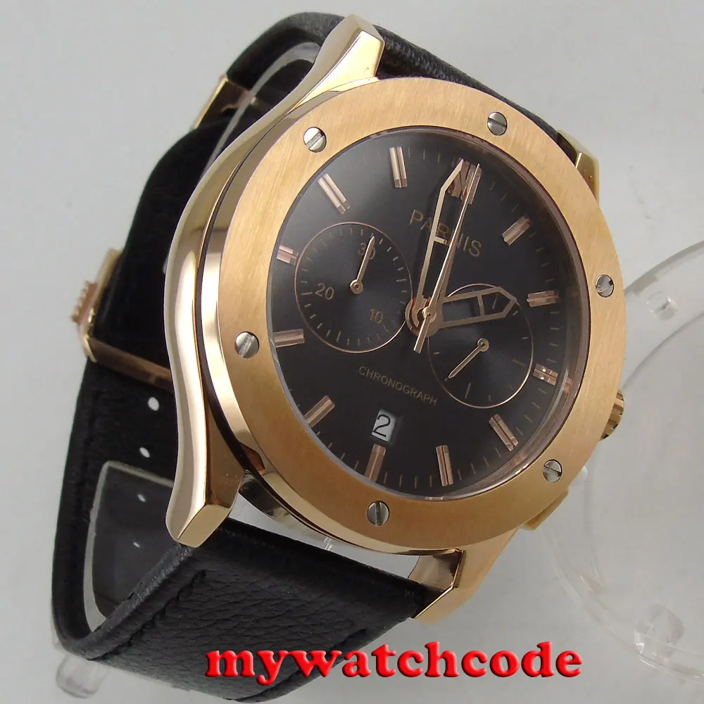 44 мм parnis черный циферблат золотой Нержавеющая сталь хронограф Мужские кварцевые