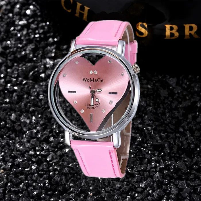 Pink Fashion Casual Women Dress Watches Top Brand Leather Strap Ladies Quartz Wristwatch Luxury Female Clock Heart Shape Watch Gift - Color: Pink