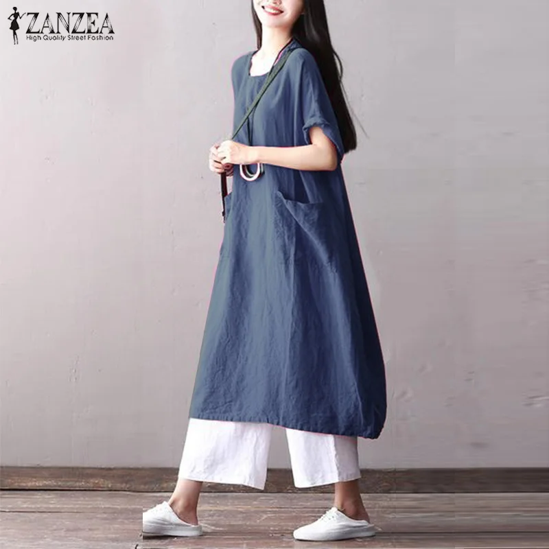 Летнее платье женское винтажное длинное макси Vestidos ZANZEA женский сарафан Кафтан платья хлопок лен сплошной халат размера плюс 5XL