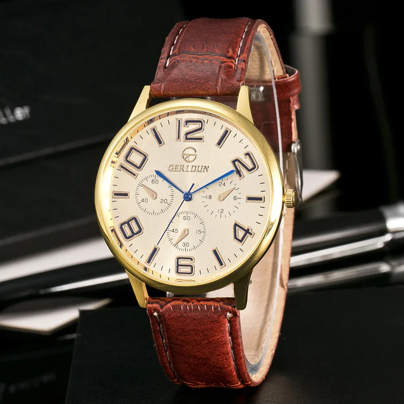 Мужские часы с кожаным ремешком спортивные аналоговые кварцевые наручные Прямая