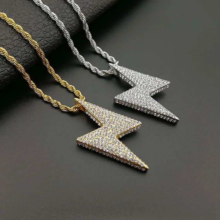 Hip Hop Bling flash Lightning Pendants with full zircon 316L Stainless Steel Jewelry for men free Chain Necklace Dropshipping | Украшения и