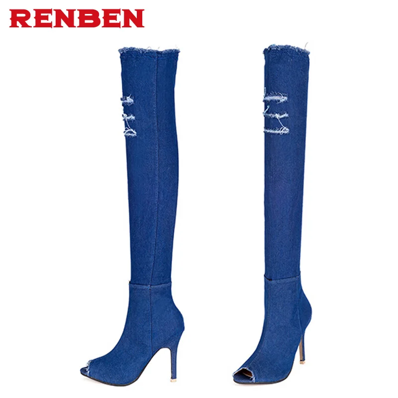 2018 синие джинсовые сапоги выше колена высокие до бедра Летние Сапоги До Колена