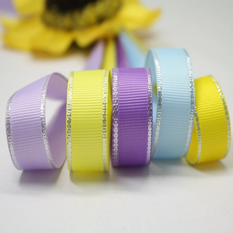 

100 yards 9/25/38mm colorful solid color glitter silver edge grosgrain ribbons DIY free shipping