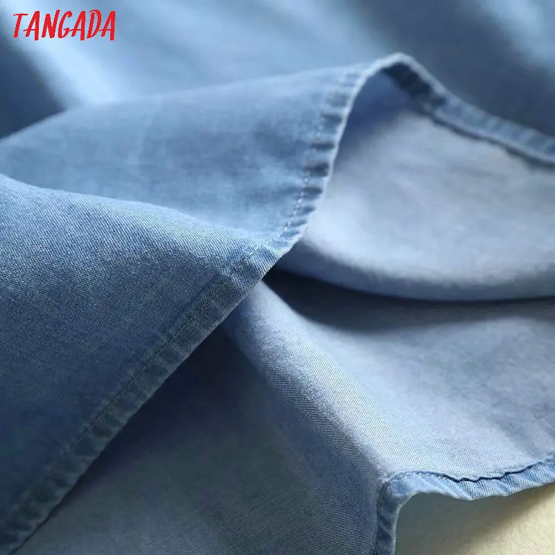 Tangada модное женское джинсовое платье с вышивкой, жемчужное платье с круглым вырезом и коротким рукавом, женское синее платье-рубашка с поясом, vestidos 2P09