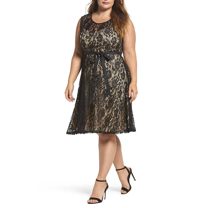 2018 плюс Размеры круглым вырезом кружевное платье без рукавов в стиле пэчворк