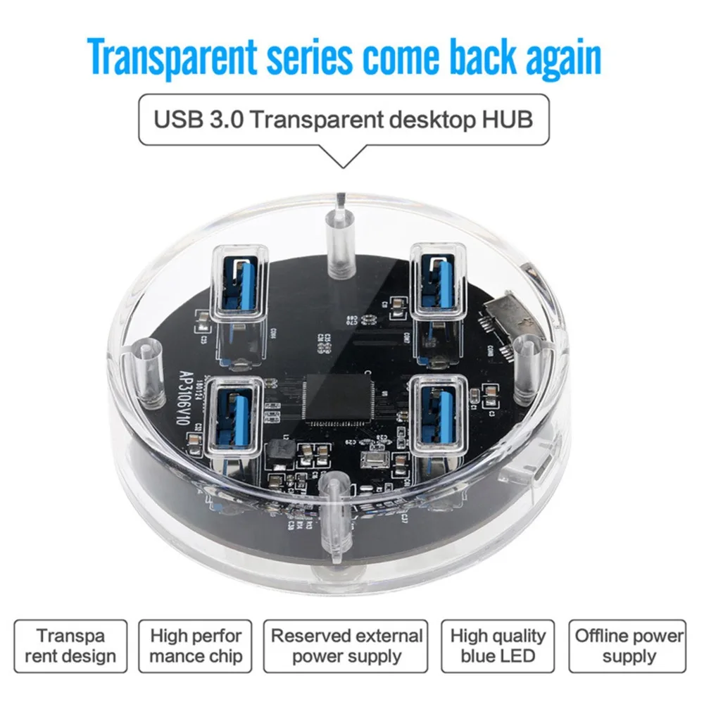 Прозрачный 4 портовый высокоскоростной USB разветвитель SOONHUA для зарядки