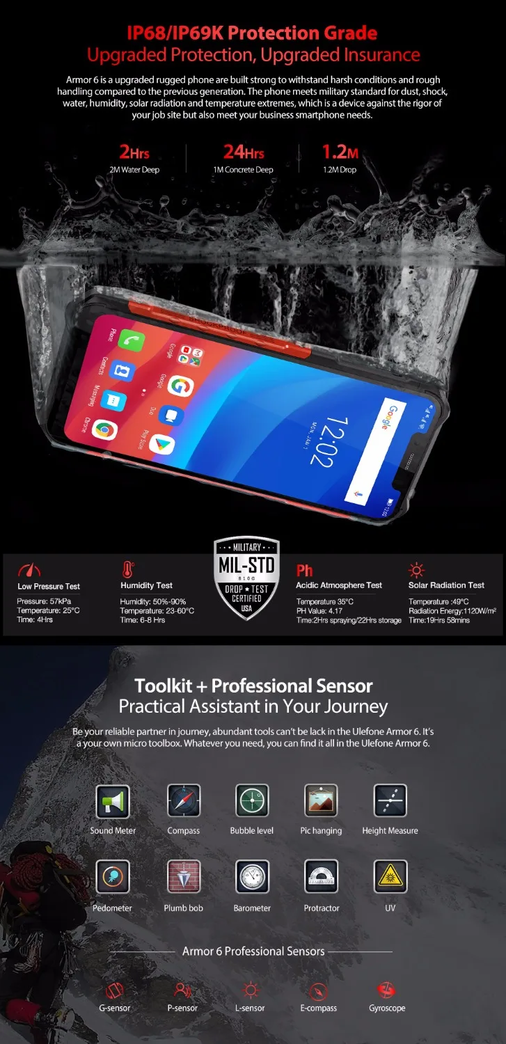 Ulefone Armor 6 IP69K водонепроницаемый мобильный телефон Android 8 1 2 дюйма FHD + Восьмиядерный