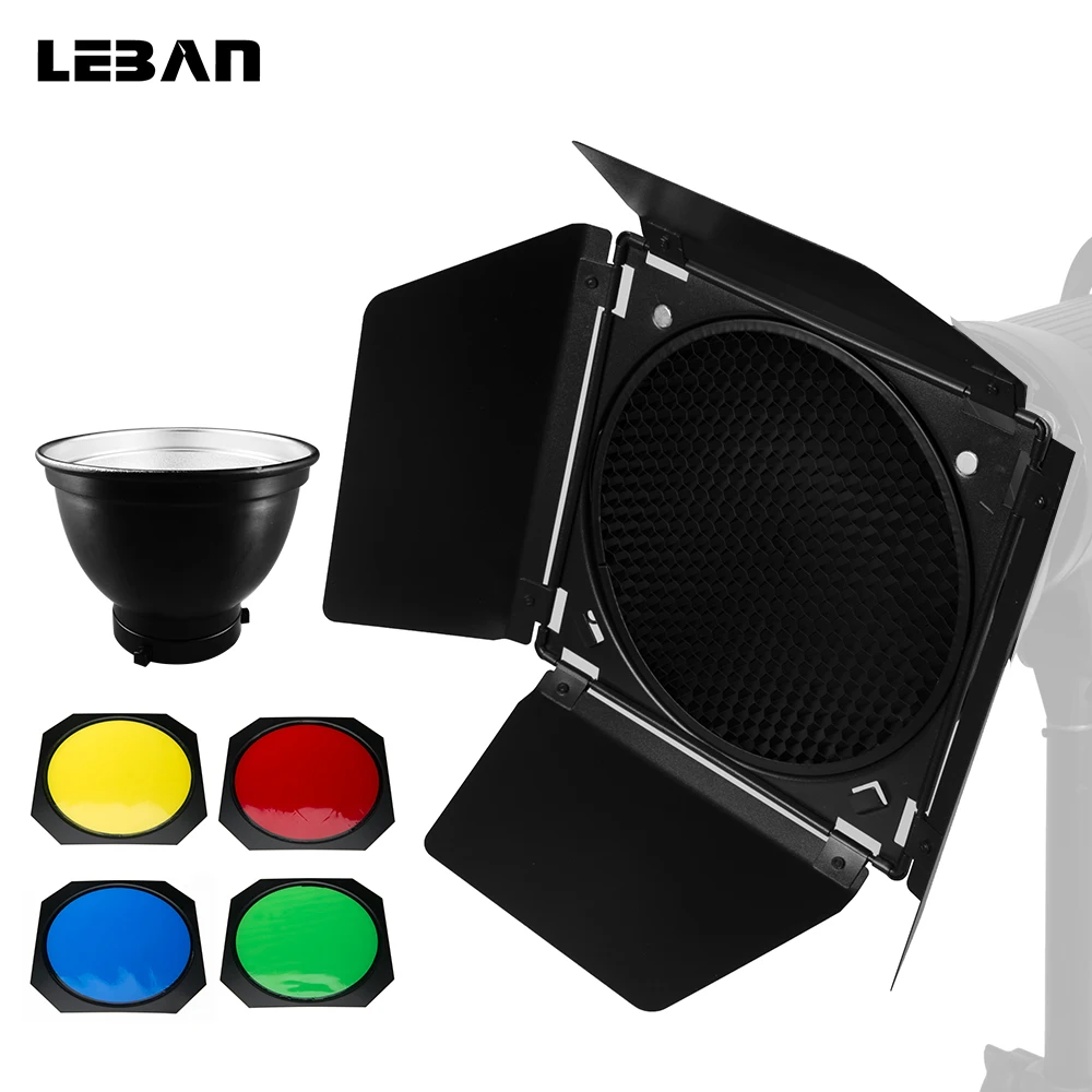 Godox BD-04 Barn Door + Honeycomb Grid + 4 Color Filter for Standard Reflector + Bowens Mount Reflector for Studio Flash