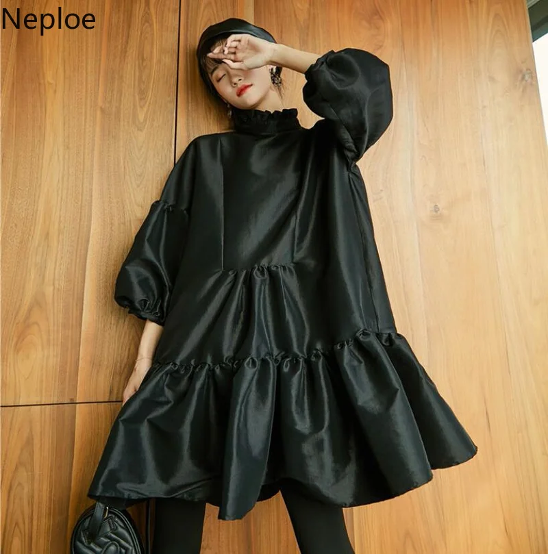 Nepole Puff Sleeve Casual Loose Rufffls Solid Dress 2019 Spring Summer Fashion Ruched Jupe Modis Sweet Girl Black Vestido 80065 | Женская