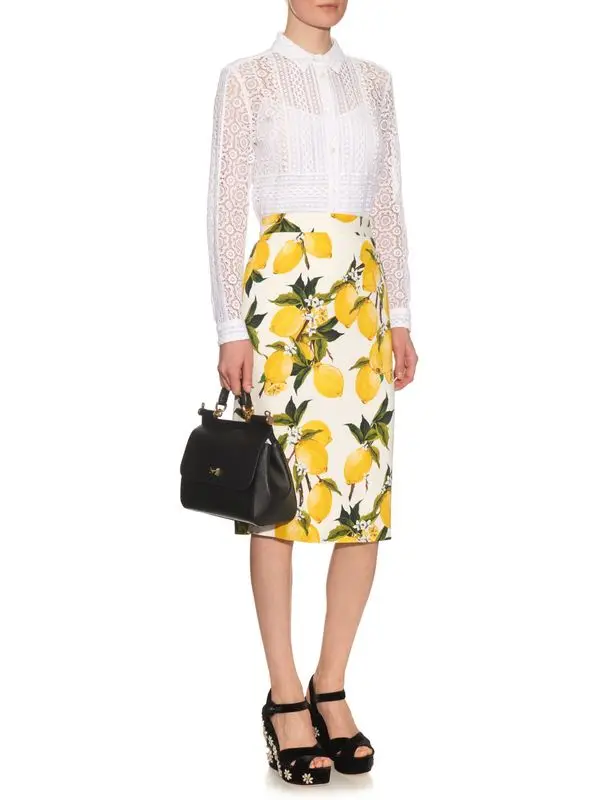 

Women's Lemon Floral Printed High waist Knee length crepe pencil skirt