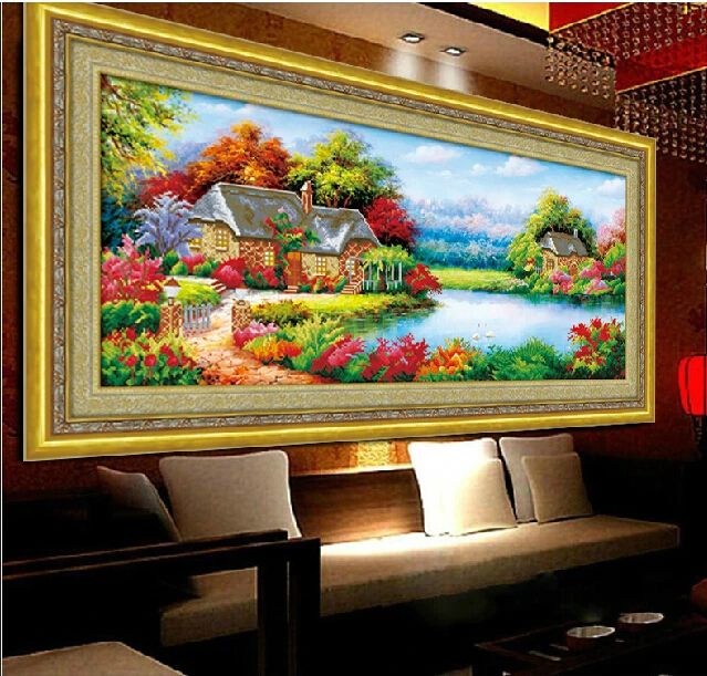 Алмазная 5d Вышивка в виде Куба живописный дом с озером счастливое домашнее