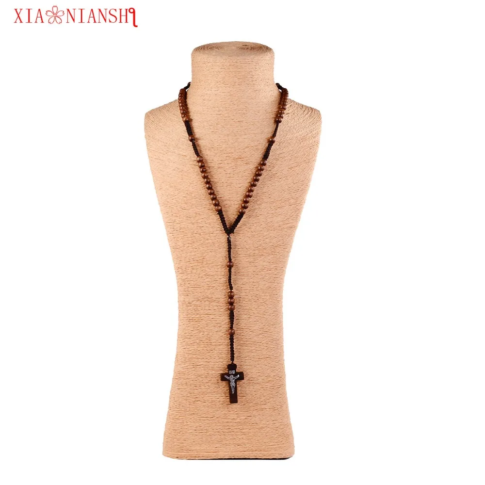 Круглое деревянное ожерелье из сплава цепочка с кулоном в виде Креста Иисуса