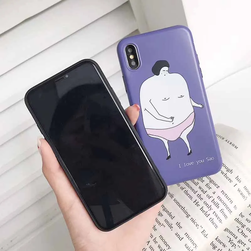 JIBAN Funny fat Cartoon purple Phone Case for iphone X 6s 6plus 7 8plus Capa Soft TPU matte Couples protective cover |