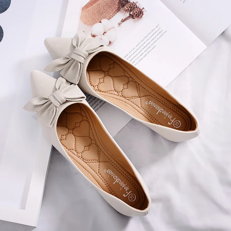 Spring New 2019 Black White Leather Bowtie Butterfly-knot Shoes Woman Pointed Toe Flat Rubber Heel Loafers Women Slip On Zapatos | Обувь