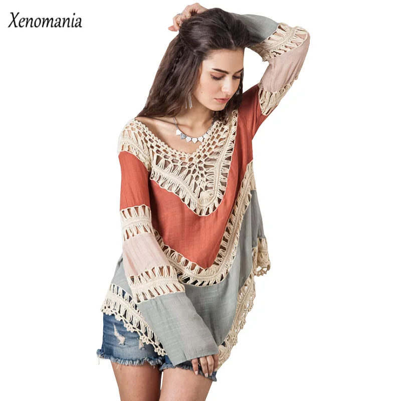 Хиппи Блузка кимоно Boho крючком Для женщин блузки 2021 Blusa Feminina рубашка с длинными