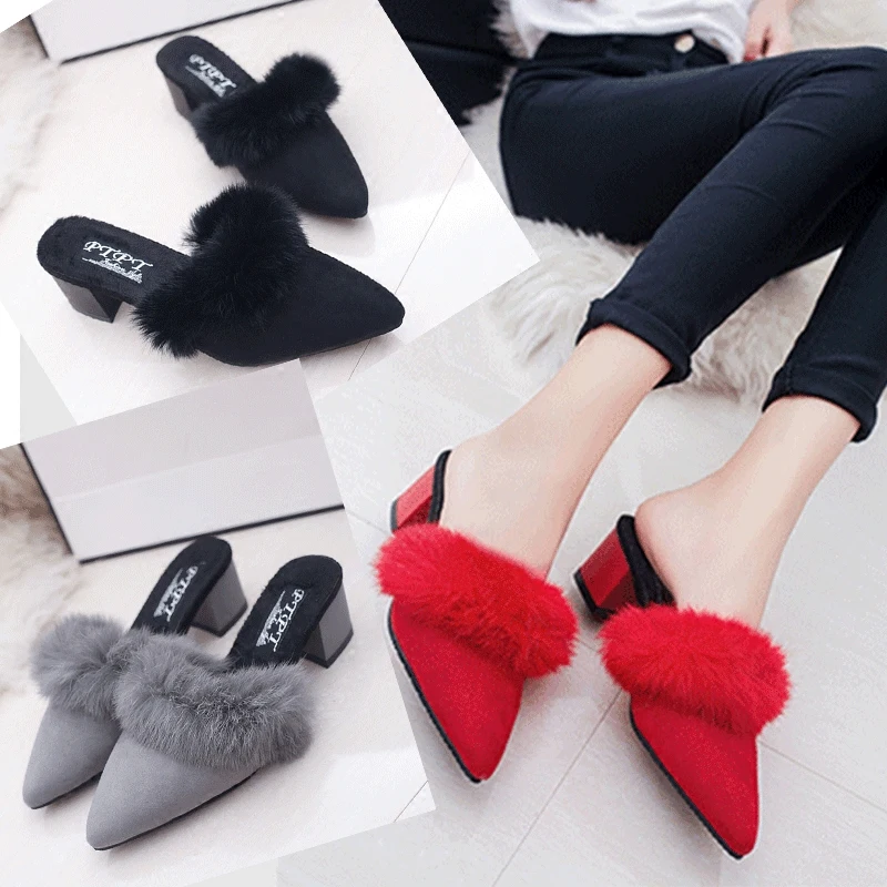 Осенне зимняя обувь на искусственном меху женские сандалии тапочки заколки