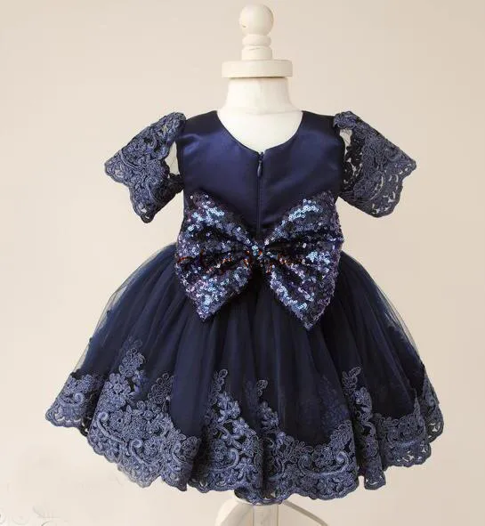 Navy blue lace tulle Flower Girl Dresses baby first Birthday knee length kid pageant prom party evening gown with sequin bow | Детская