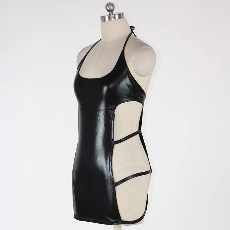 Сексуальное черное платье из искусственной кожи для женщин Wetlook Halter Cut Out Chemise