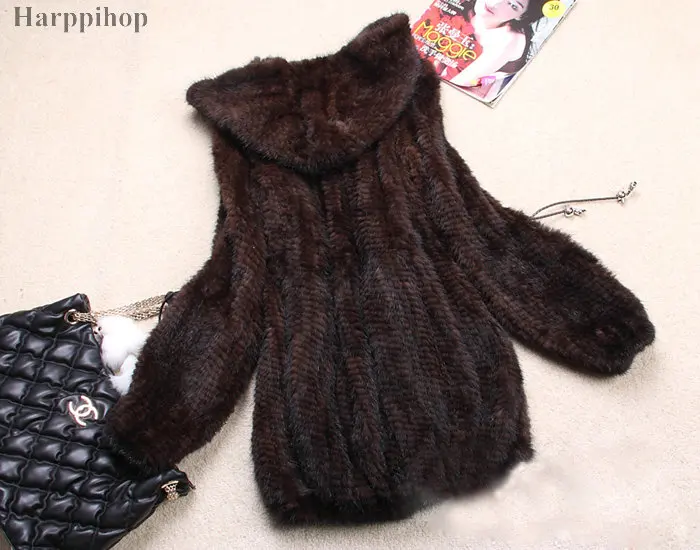 2021 Ladies' Fashion Real Knitted Mink Fur Coat Jacket with Hoody Winter Women Fur Outerwear Coats Slim Belt