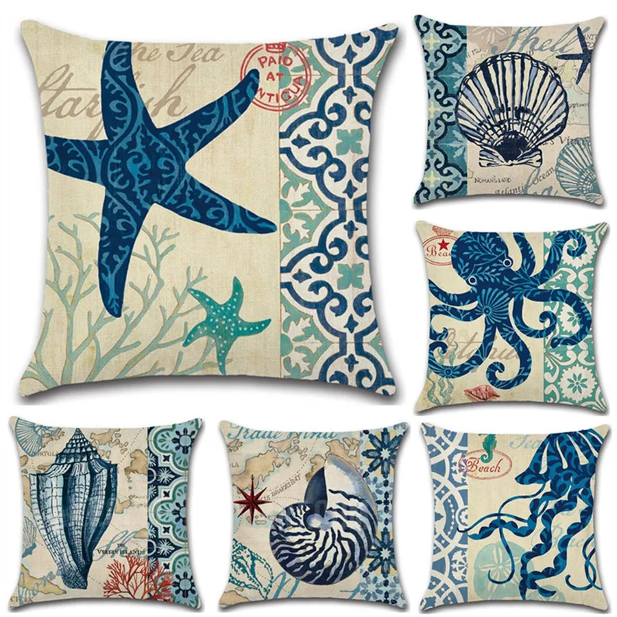 

Marine Life Octopus/Seahorse/Conch Print 45*45cm Cushion Cover Linen Throw Pillow Car Home Decoration Decorative Pillowcase