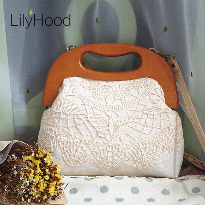 LilyHood Handmade Women Lace Cover Wood Top Handle Bag Lady Autumn Crochet Shabby Chic Victorian Instagram Wedding Book Shoulder | Багаж и