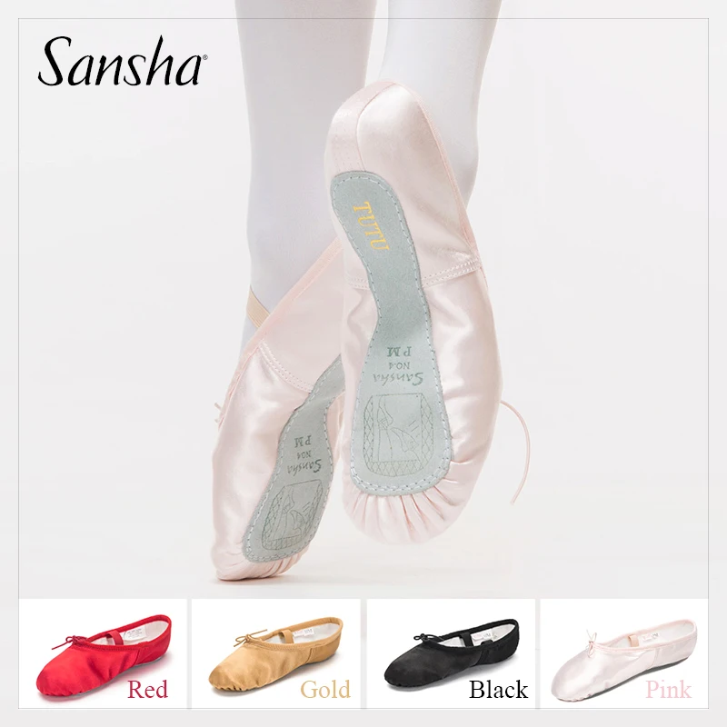 Оригинальная детская балетная обувь Sansha, атласные балетные чешки с полной подошвой для начинающих девочек, детские розовые/черные/Золотые/красные NO.4S