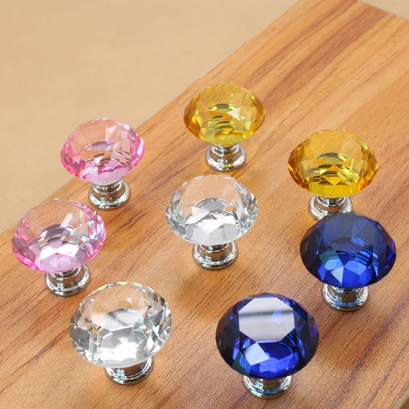 

Dia 30mm Glass Dresser Knob Drawer Handles Pulls Knob Chrome Silver Clear Pink Yellow Blue Modern Crystal Cupboard Cabinet Pull