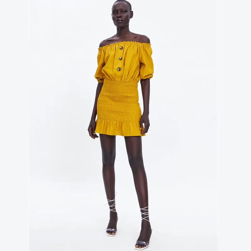 Женское Короткое платье из хлопка и льна желтое повседневное короткое с