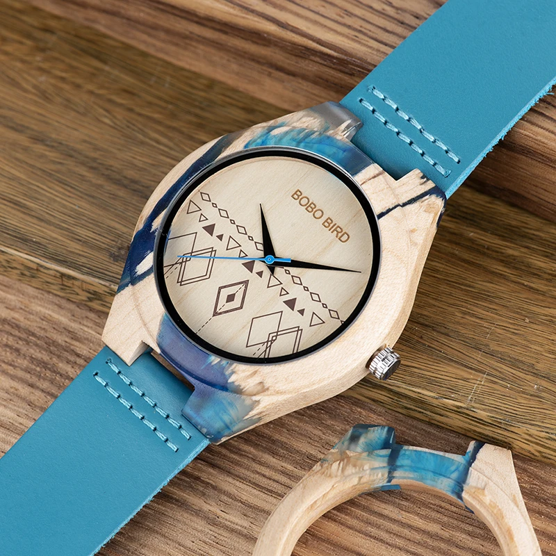 Reloj mujer BOBO BIRD женские часы деревянные бамбуковые наручные часы синие мягкие кожаные мужские часы кварцевые часы на заказ Подарки C-S07