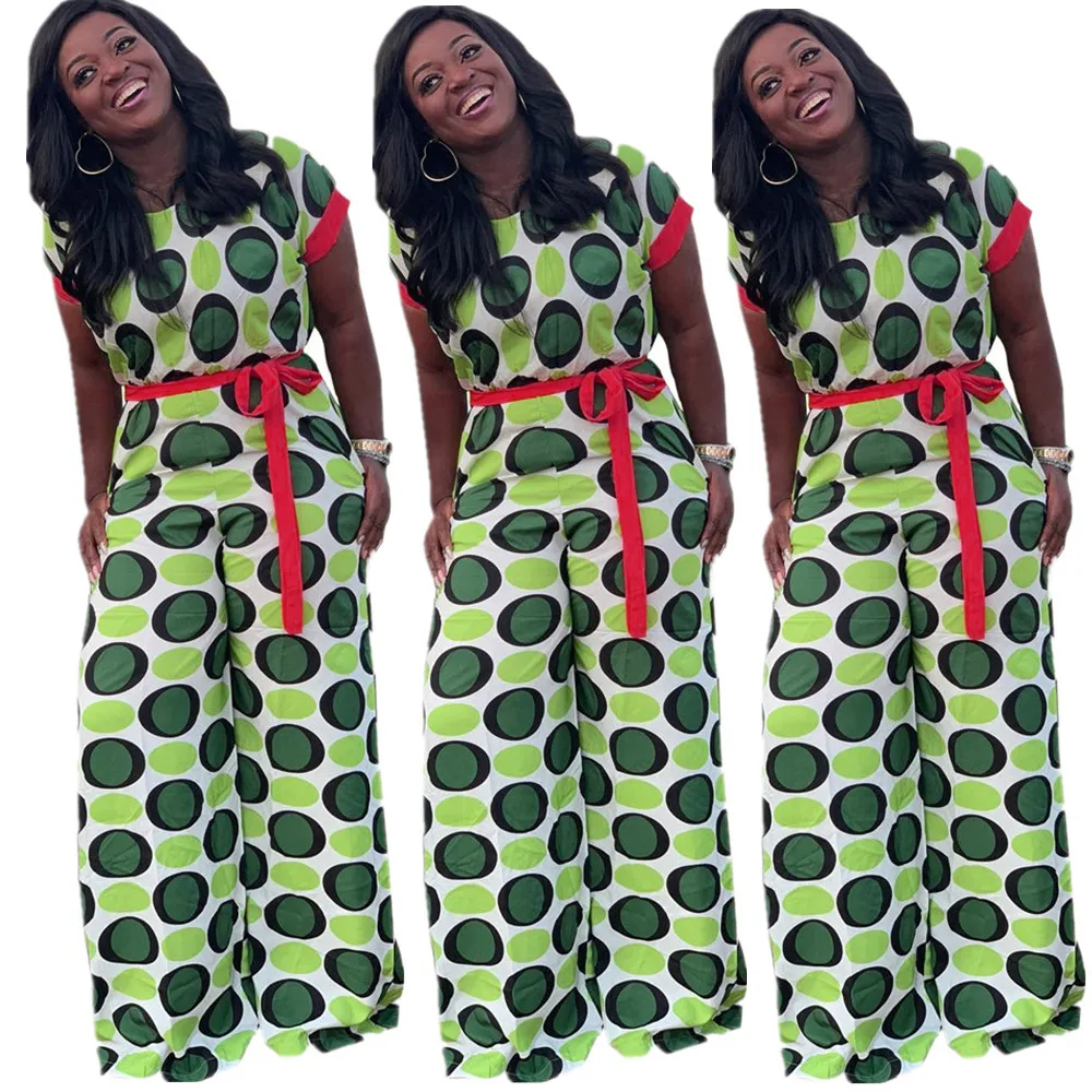 Африканские платья модные комбинезоны большие размеры пояс в горошек с коротким