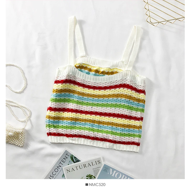 Милая Летняя женская майка радужных цветов полосатые вязаные кроп-топы