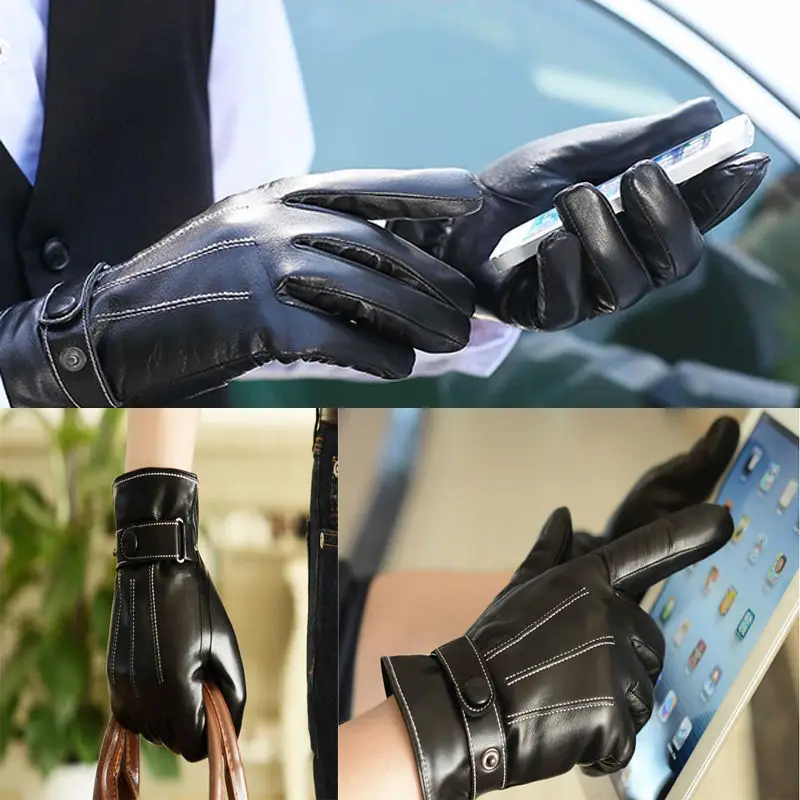 Мужские классические черные зимние кожаные перчатки для спорта на открытом
