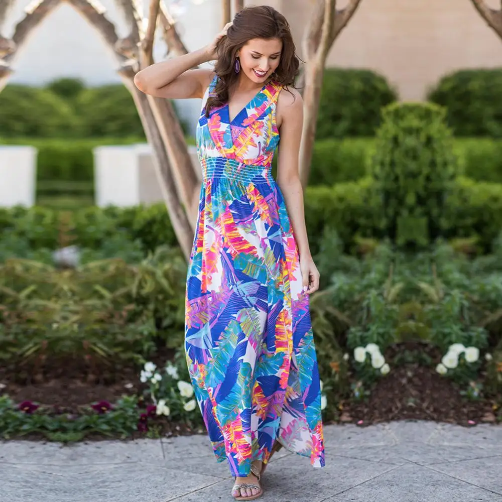 Женское винтажное платье без рукавов с v-образным вырезом летнее цветочным