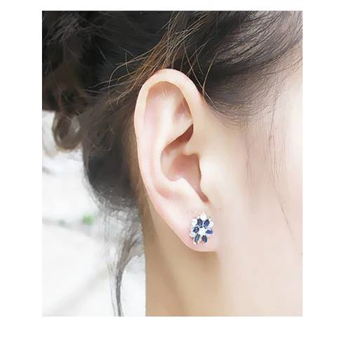 Qi Xuan_Trendy Jewelry_Dark Blue Stone элегантные вечерние серьги-гвоздики с цветком _s925 Solid Silver