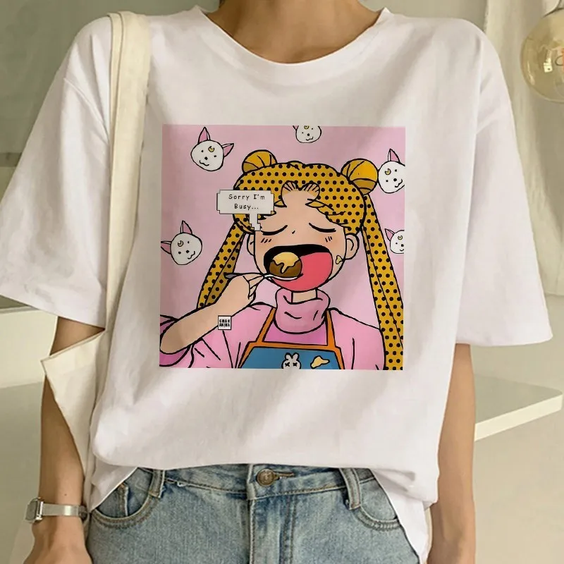 Сейлор Мун летняя новая модная футболка Женская Harajuku с коротким рукавом забавная футболка Ulzzang Милая футболка с котом Мультяшные футболки женские
