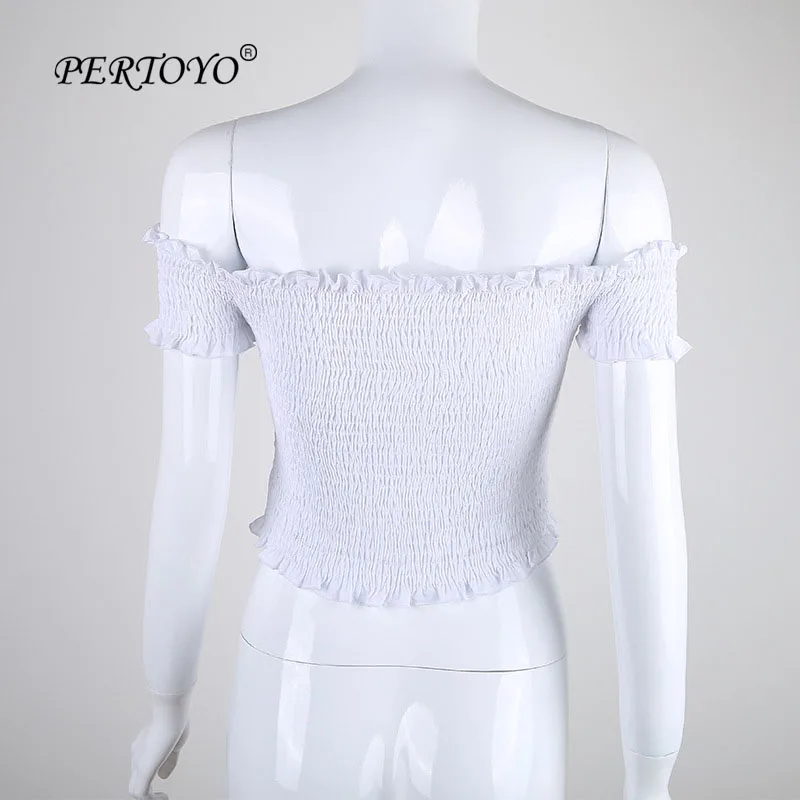 PERTOYO Off Shoulder Sexy Crop Top Women Slash Neck Short Sleeve Backless T-Shirt Cotton Slim Casual Tops For | Женская одежда