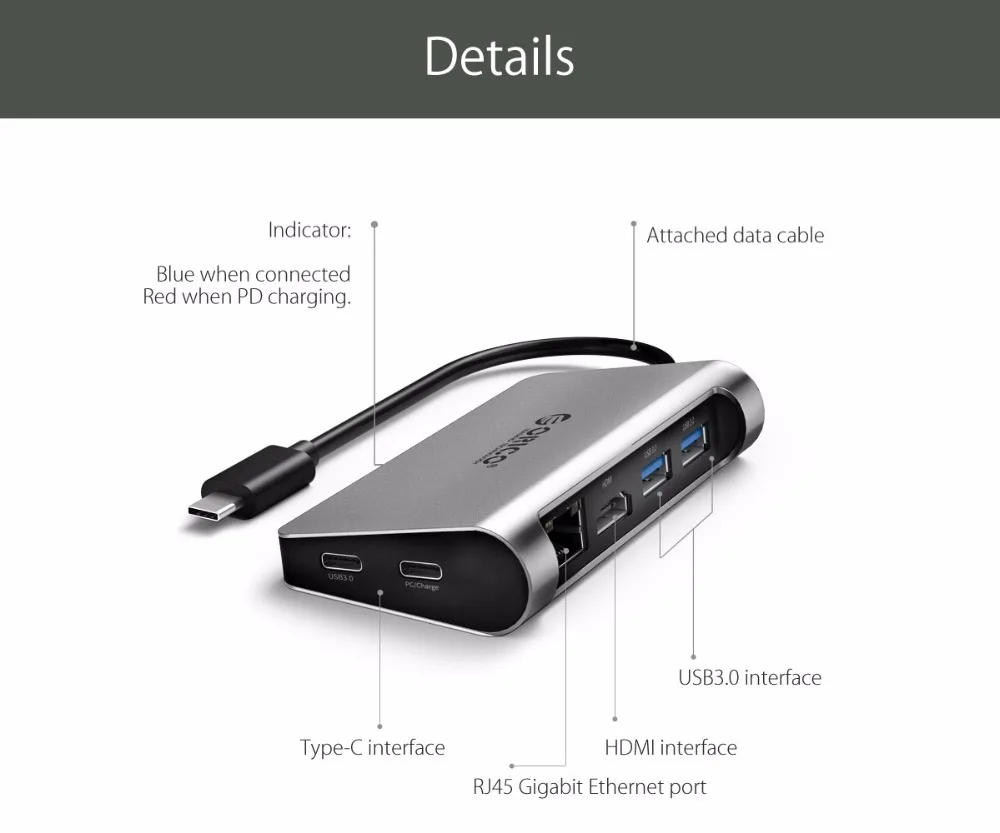 ORICO usb хаб из алюминиевого сплава Type C концентратор USB к HDMI совместимый/Type C/USB3.0 / RJ45