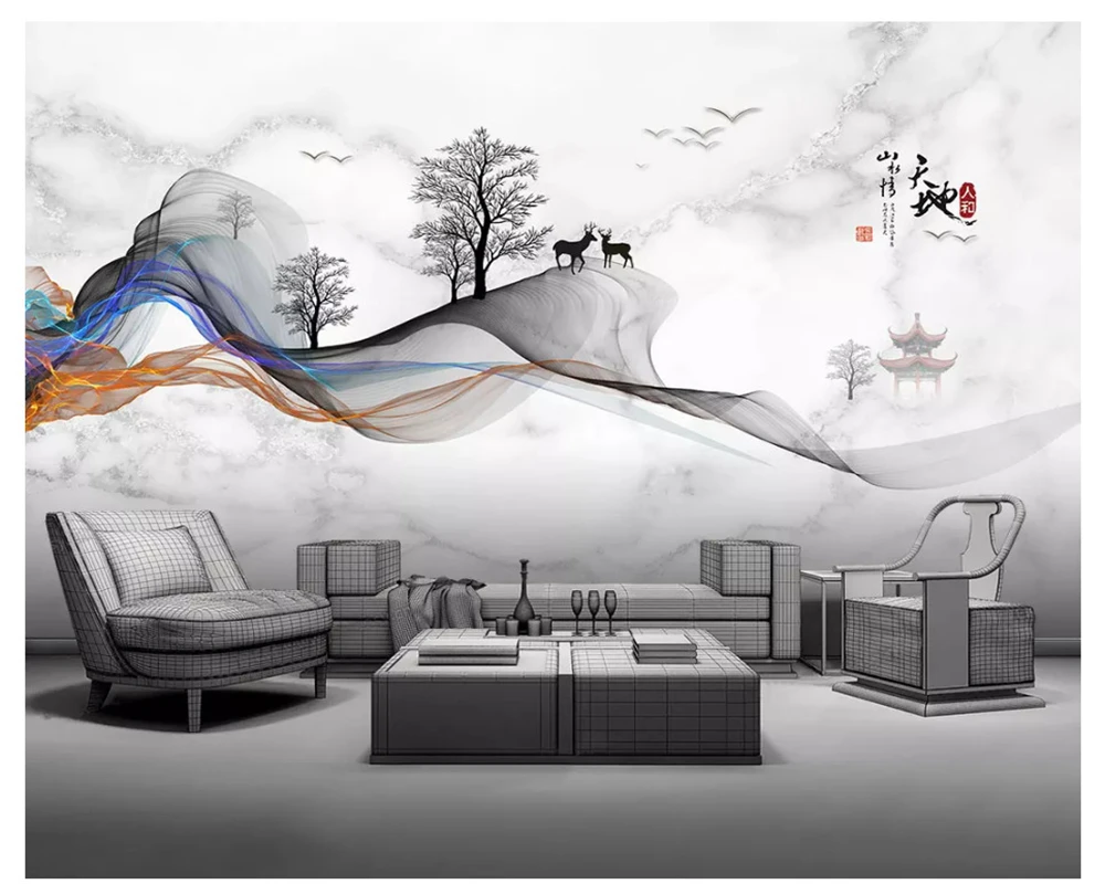 

Новый китайский стиль, ручная роспись, индивидуальная настенная бумага, абстрактные линии, мраморные художественные концепции, пейзаж, обо...