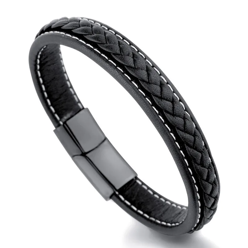 new Men Jewelry Punk Black Braided Geunine real Leather Bracelet Stainless Steel Magnetic Buckle Fashion Bangles | Украшения и