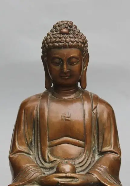 S5091 10&quot Chinese Buddhism Bronze Seat Lotus Shakyamuni Amitabha Buddha Bowl Statue |