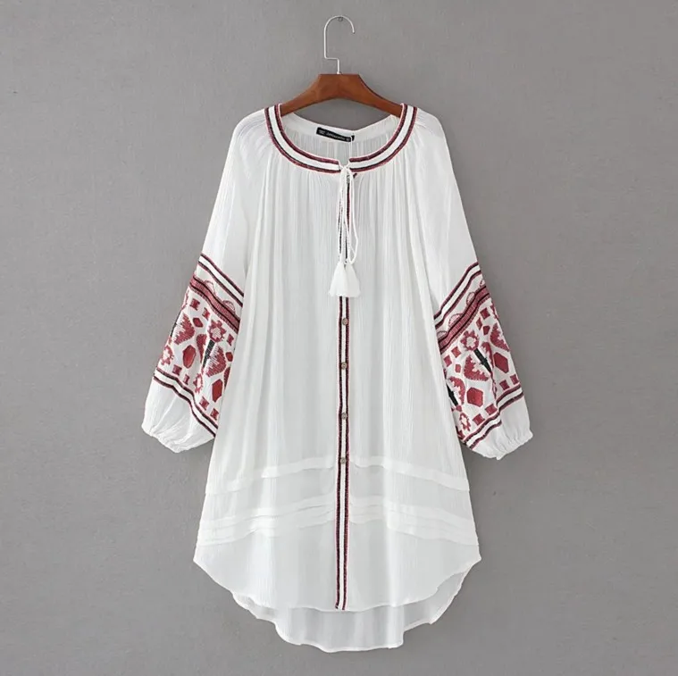 Brand Summer Runway Dress 2018 Loose Causal National Embroidery Vintage Retro Boho Beach Tassel Long Sleeve Dresses White | Женская