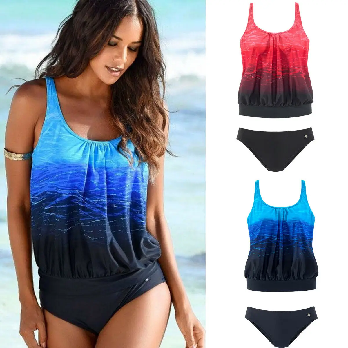 Женский купальник танкини спортивный с эффектом пуш ап летний пляжный 2 предмета