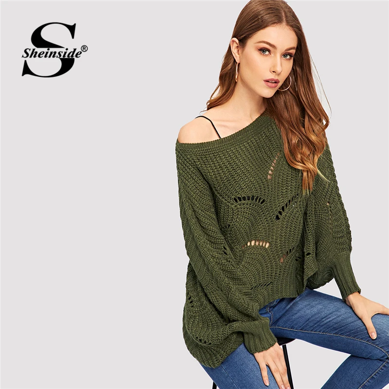 Sheinside, армейский зеленый свитер с ушками и фигурной отделкой, рукав летучая мышь, свитер с вырезом лодочкой, осень, пуловеры, свободный свитер большого размера
