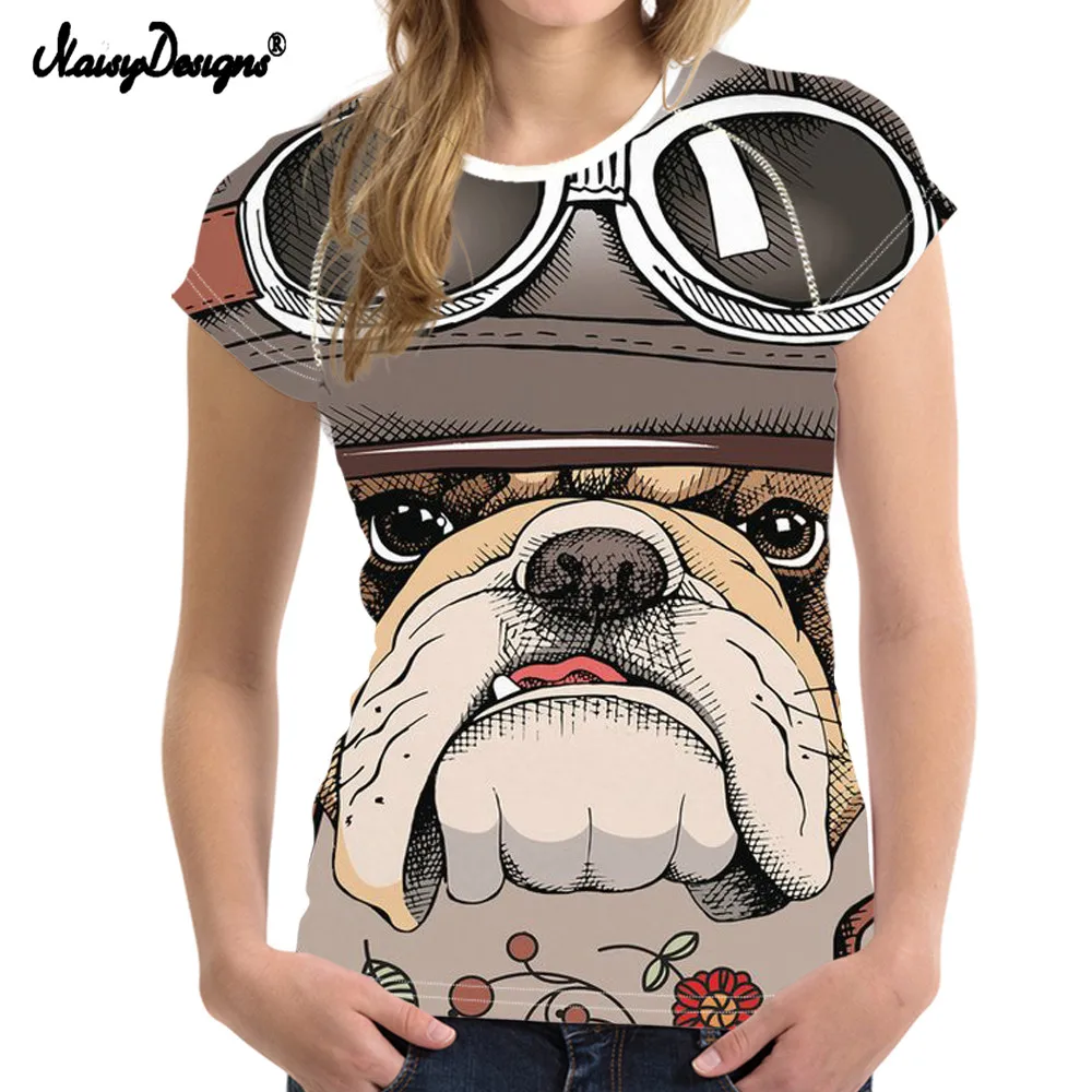 Женская футболка с круглым вырезом принтом бульдога и цветов|Футболки| |