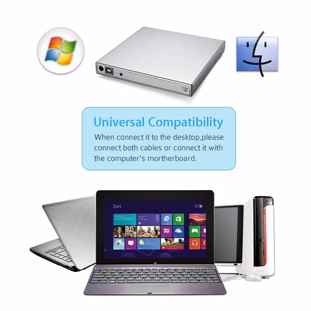 SOONHUA серебристый тонкий USB2.0 DVD CD Внешний привод с прочным пластиковым чехлом чехол ридер плеер комбо писатель рекордер для ноутбука