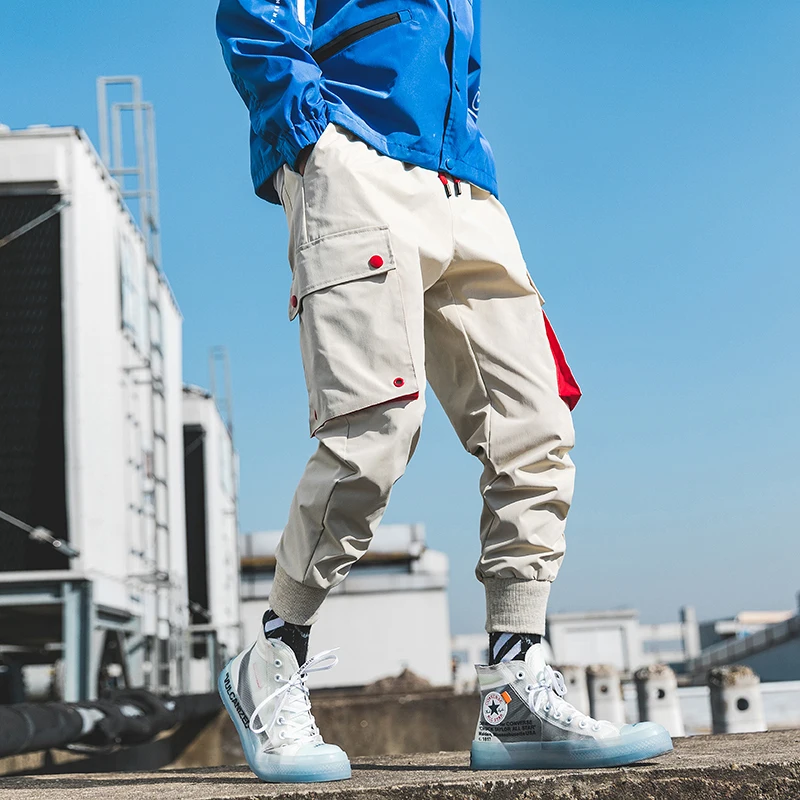 creamy-white Casual Men Cargo Pants Cotton Polyester Drawstring Pockets Hip Hop Creamy-White Black Men Full Length Fashion Joggers Trouser - Цвет: creamy-white