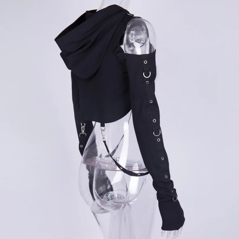 

Gothic Punk Black Mini Sweatshirt Pullover Front Cut Out Lace up Hooded Punk Style Hoodies Long Sleeve Gothic Girls Tops Hoody