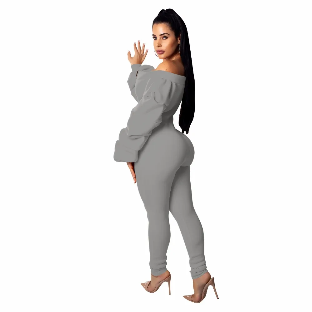 2019 New Women Casual Jumpsuit Zipper Front Slash Neck Off Shoulder Long Puff Sleeve Thick Romper Fashion Overalls Female Jumper | Женская